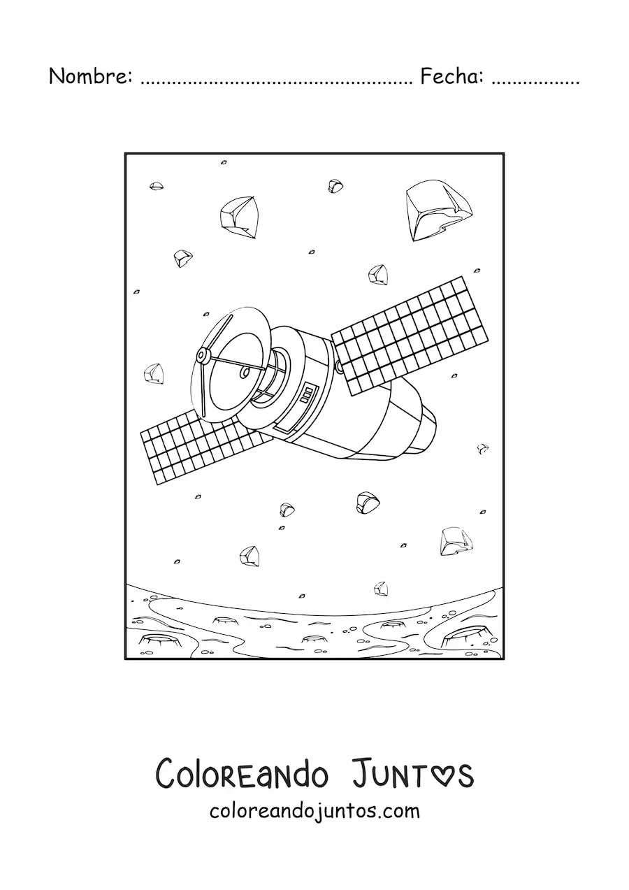 Imagen para colorear de un satélite entre asteroides