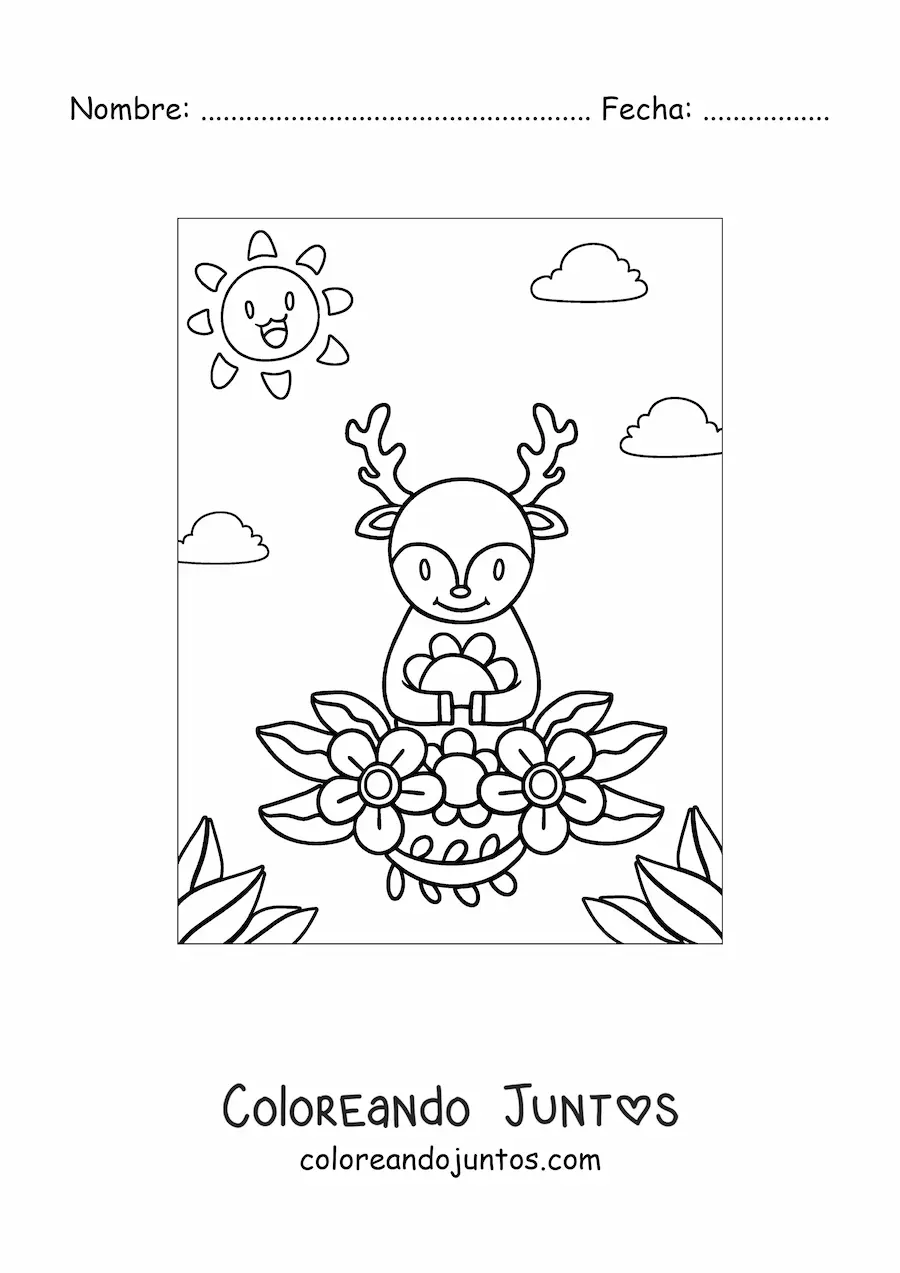 Imagen para colorear de un ciervo kawaii en primavera