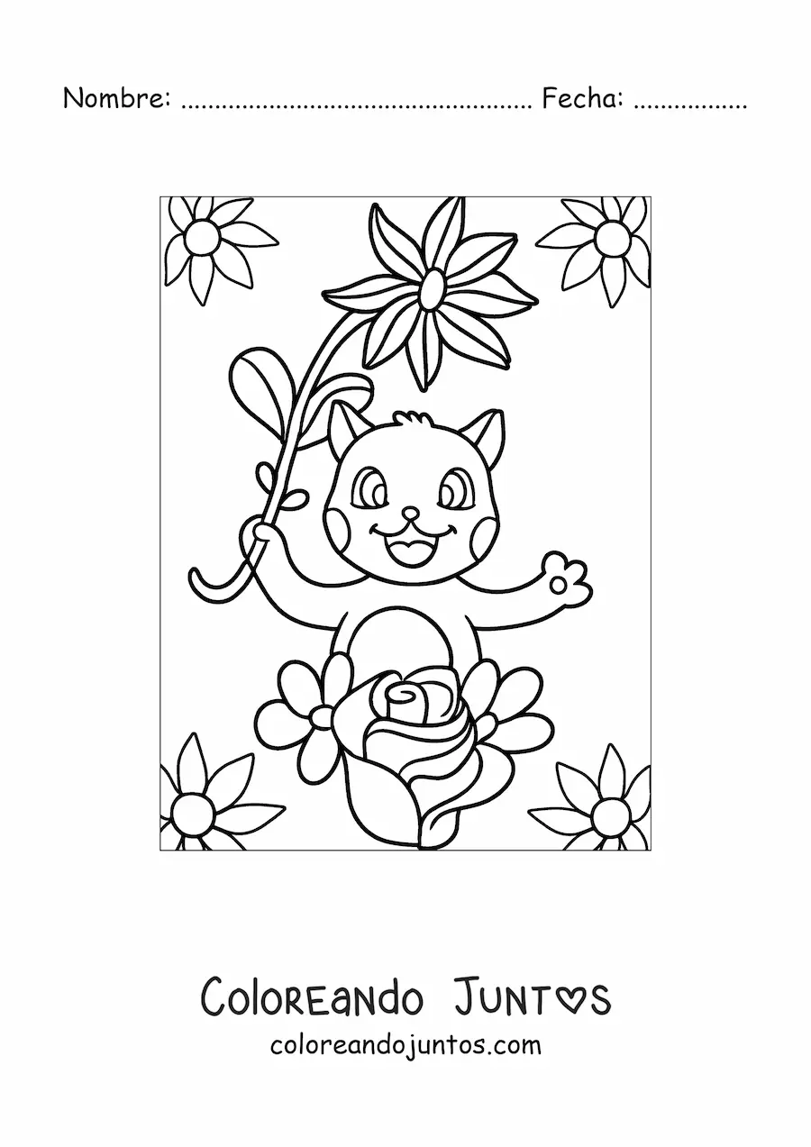 Imagen para colorear de un gato animado con flores de primavera