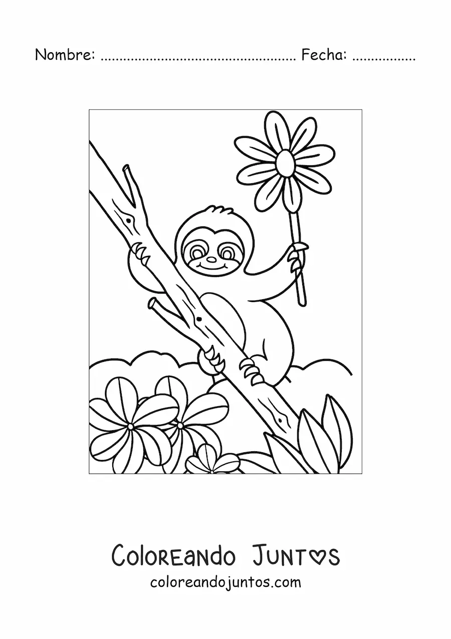 Imagen para colorear de una pereza animada con flores de primavera