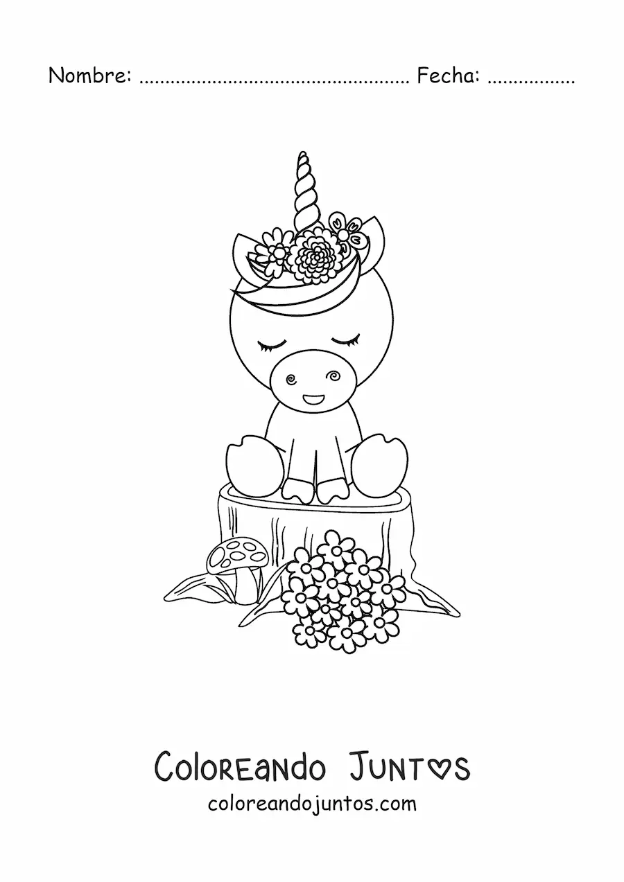 Imagen para colorear de un unicornio kawaii con flores de primavera