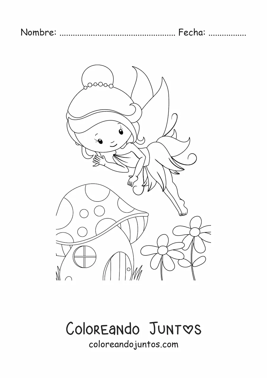 Imagen para colorear de un hada kawaii volando cerca de un a casa con flores