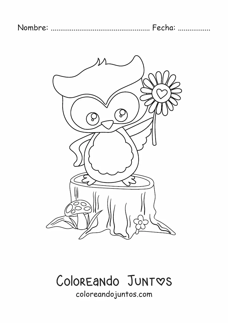 Imagen para colorear de un búho kawaii sosteniendo una flor