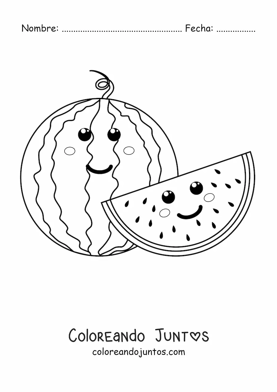 Imagen para colorear de una sandía kawaii sonriente junto a media sandía kawaii