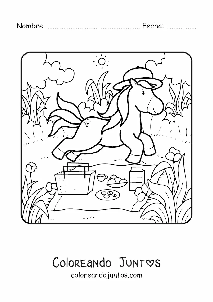 Imagen para colorear de un unicornio animado en un picnic de verano