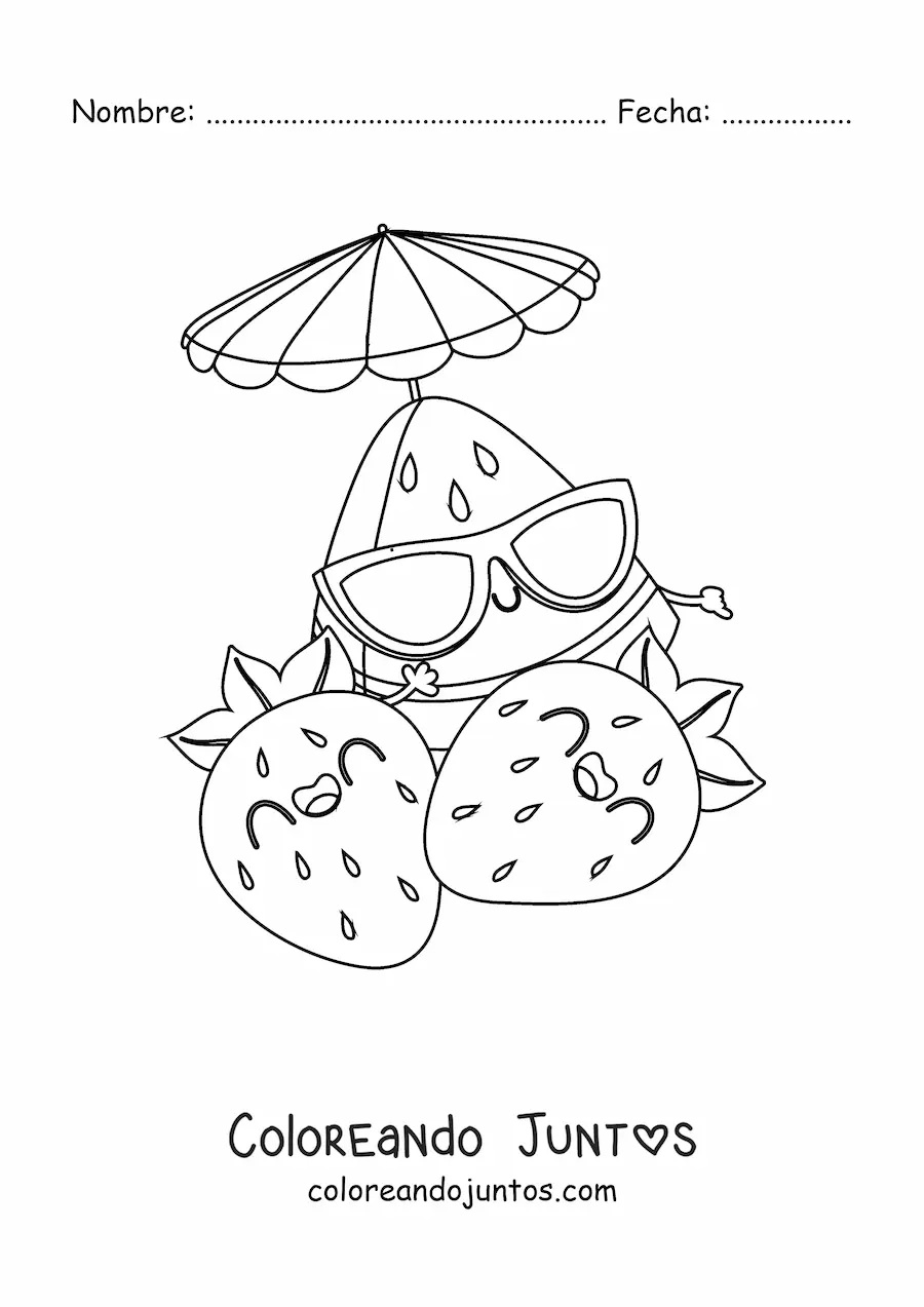 Imagen para colorear de dos fresas y una sandía animada con lentes de sol