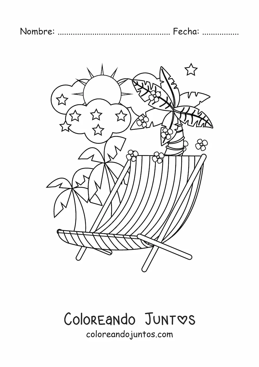Imagen para colorear de una silla playera y un paisaje de verano