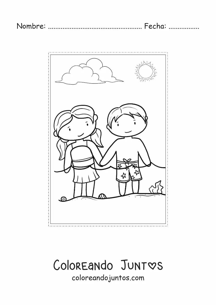 Imagen para colorear de dos niños en verano