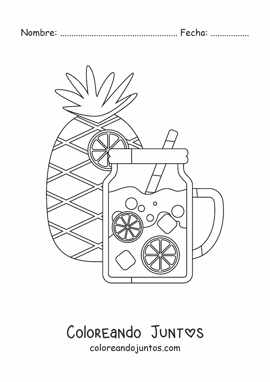Imagen para colorear de una piña y una bebida refrescante