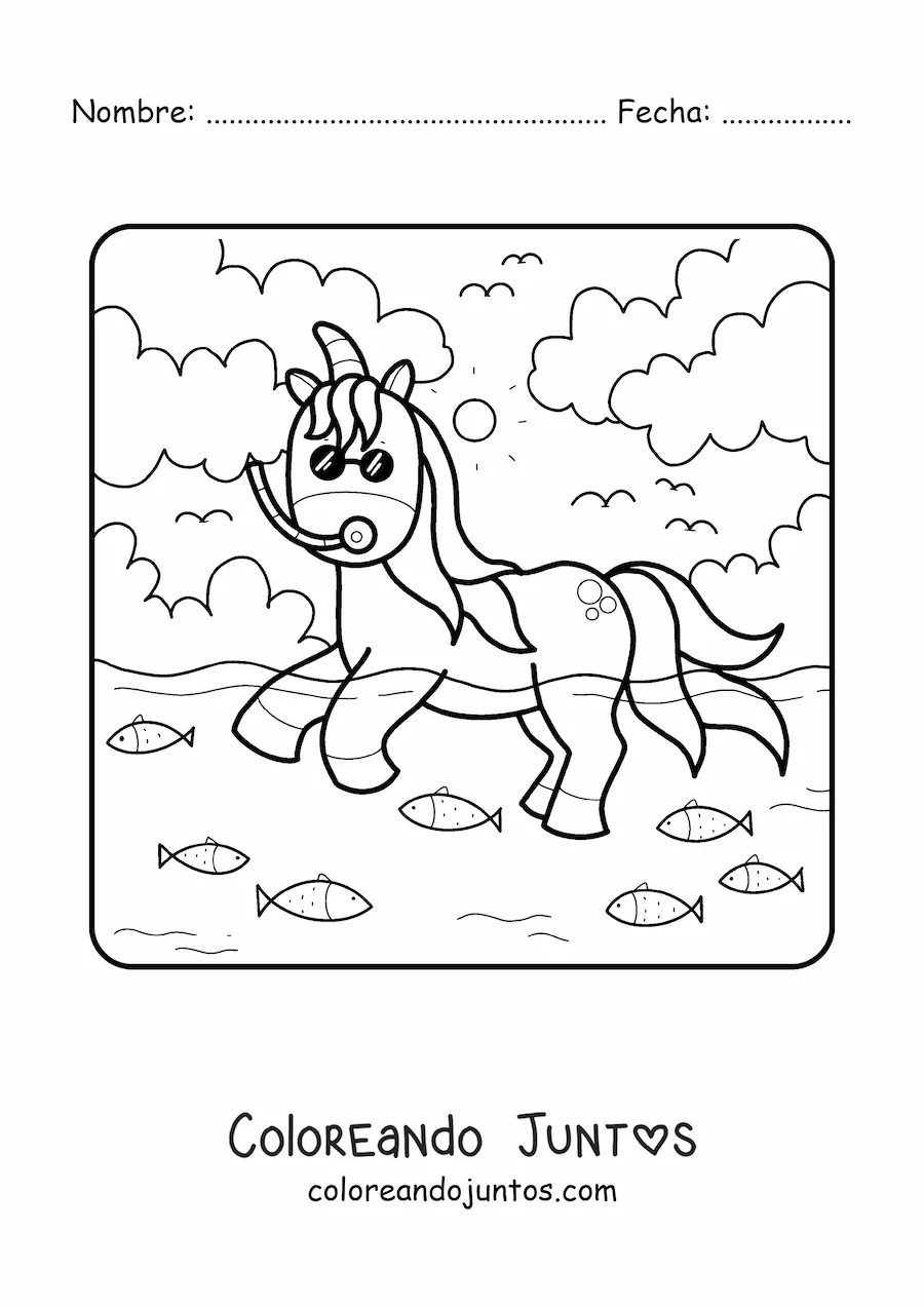 Imagen para colorear de un unicornio en el mar en verano