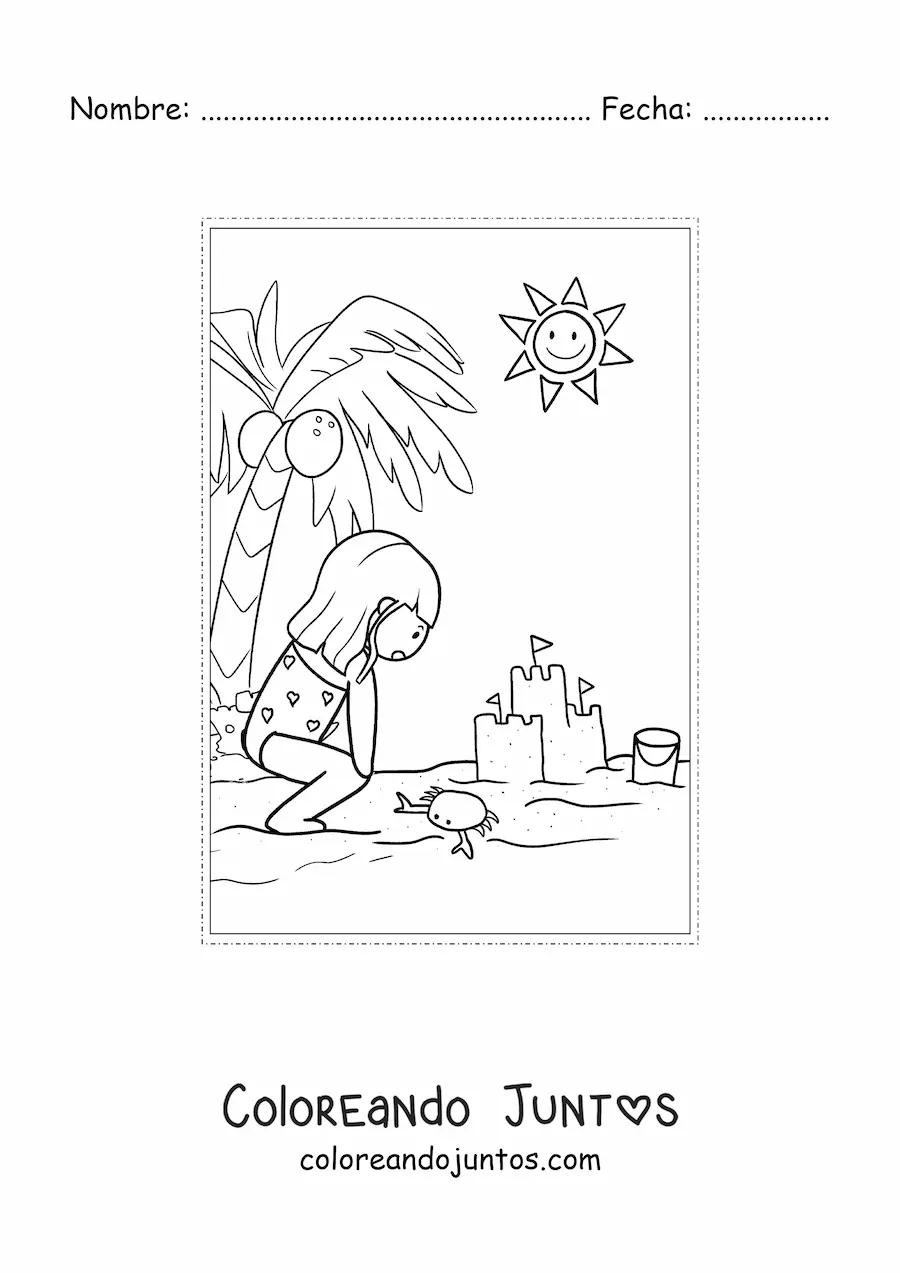 Imagen para colorear de una niña de vacaciones en la playa