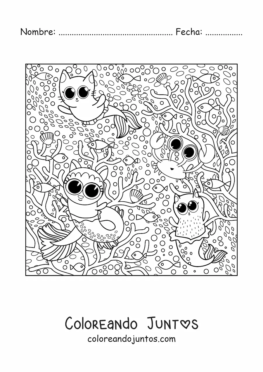 Imagen para colorear de varios animales kawaii en verano