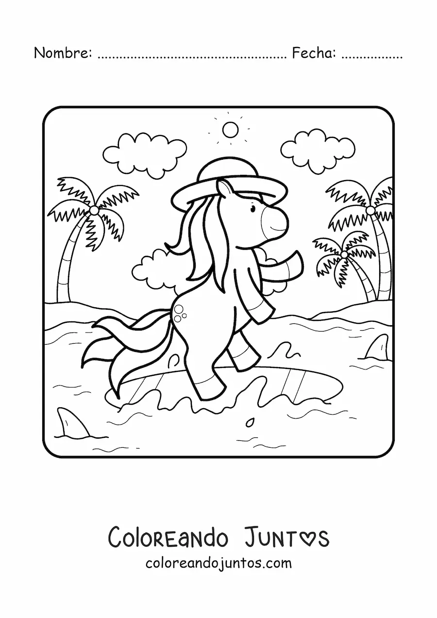 Imagen para colorear de un unicornio en un paisaje de verano