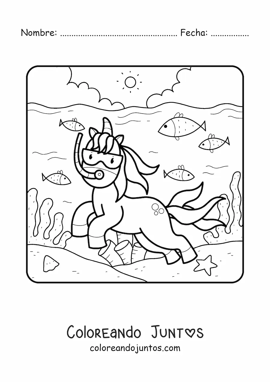 Imagen para colorear de un unicornio nadando en el mar