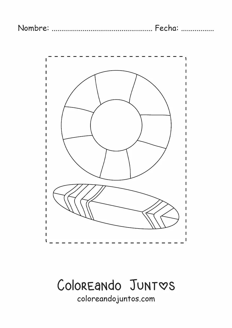 Imagen para colorear de una tabla de surf y un salvavidas