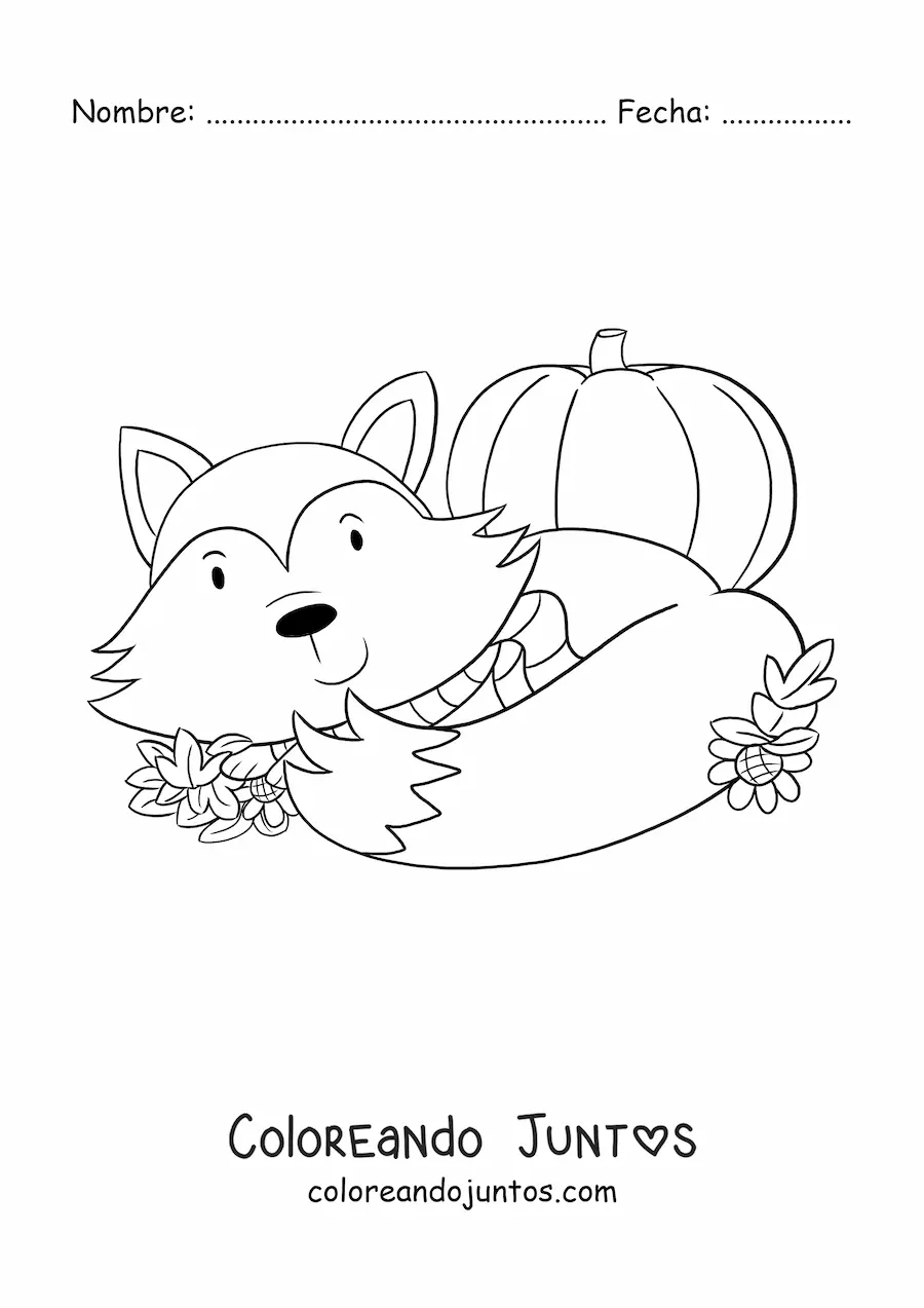 Imagen para colorear de un zorro kawaii con hojas de otoño y una calabaza