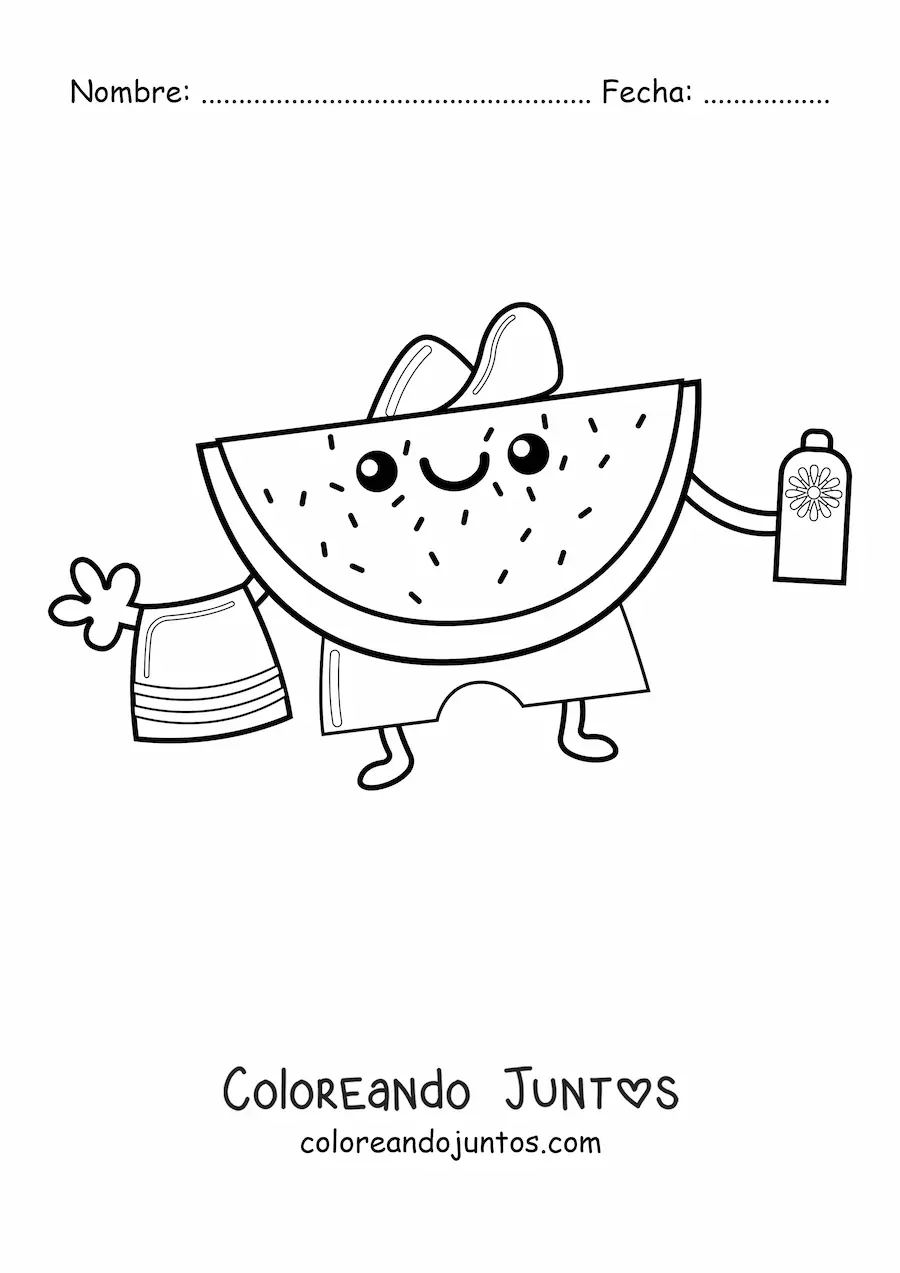 Imagen para colorear de una sandía animada veraniega con una toalla y protector solar