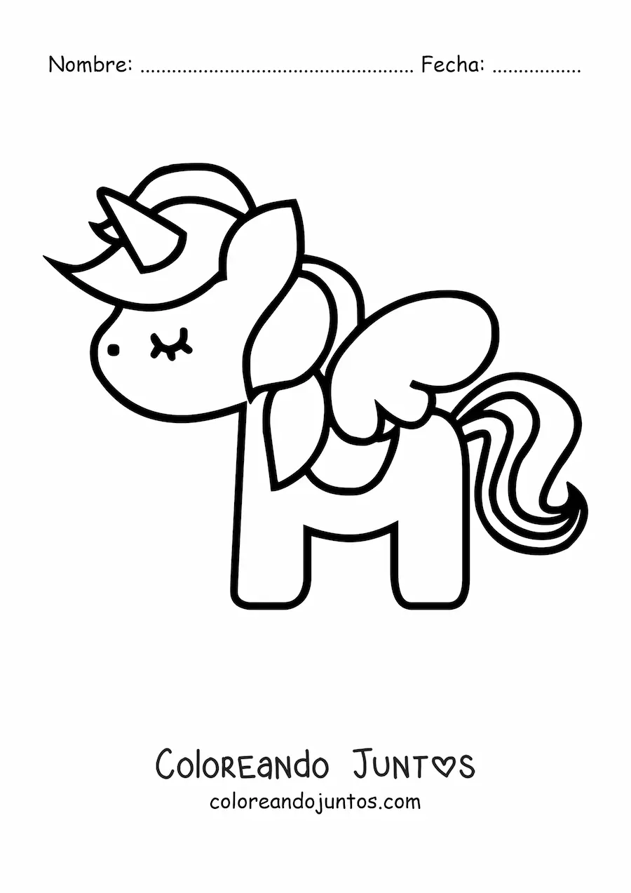 Imagen para colorear de un unicornio kawaii con alas