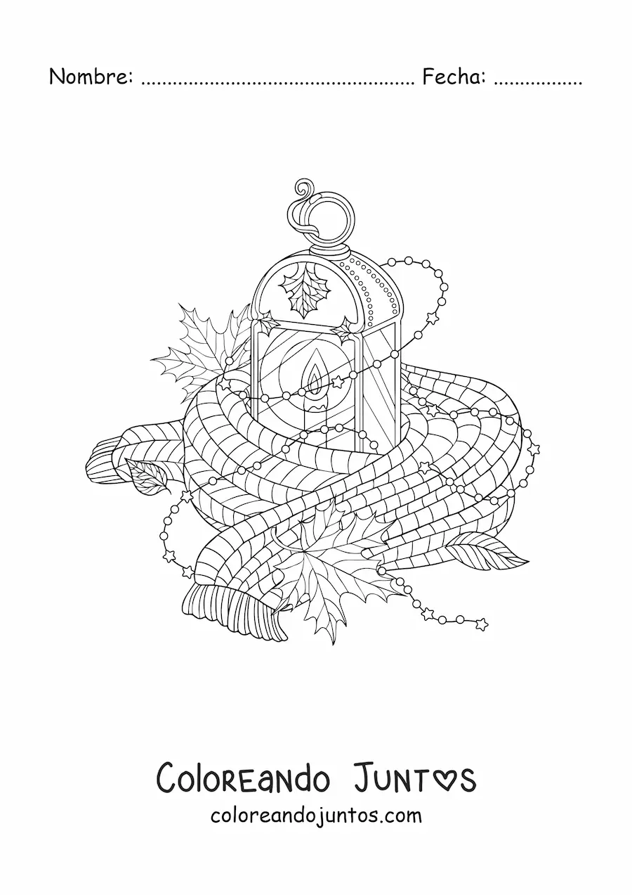 Imagen para colorear de una bufanda y hojas secas junto una linterna como elementos del otoño