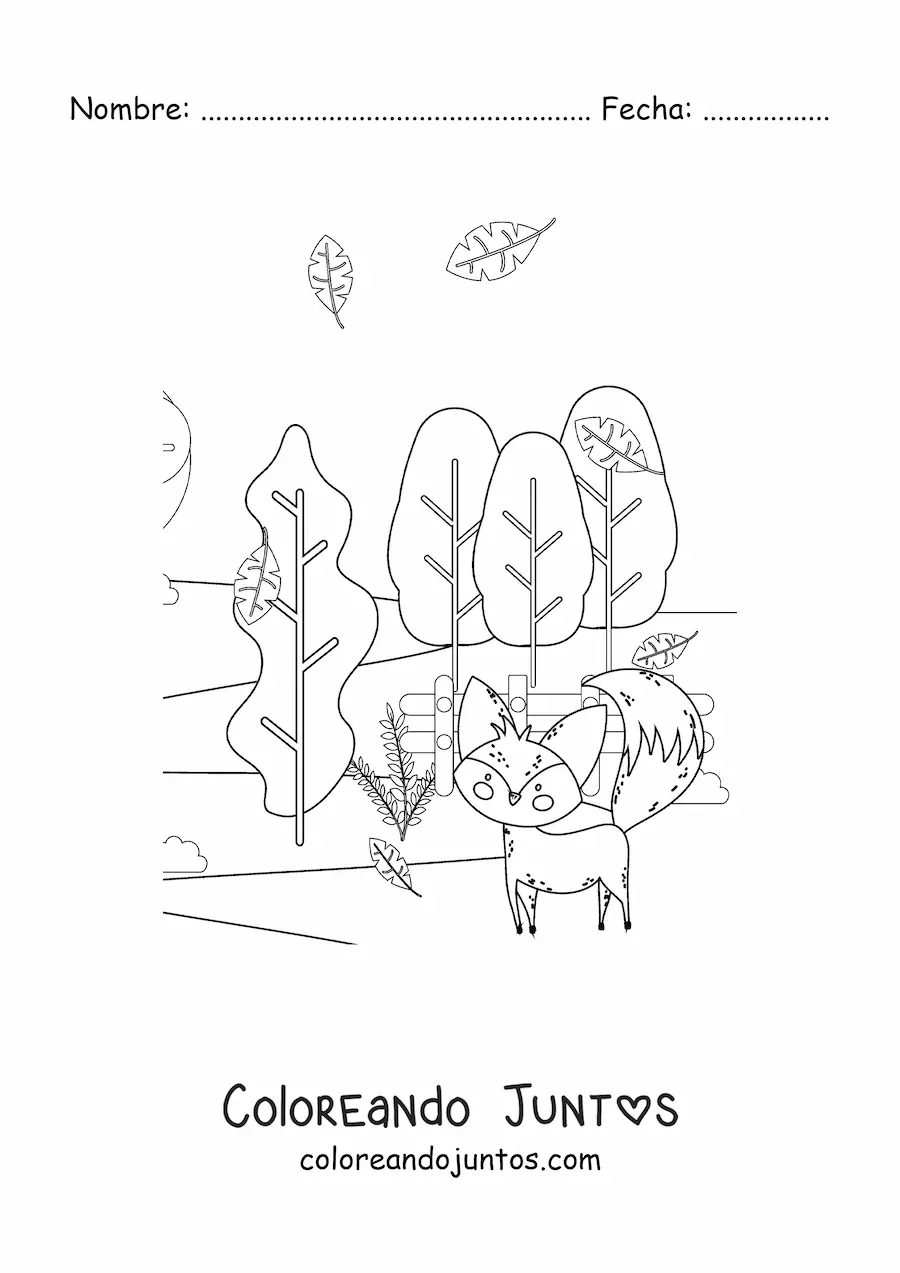 Imagen para colorear de un zorro y un paisaje de otoño