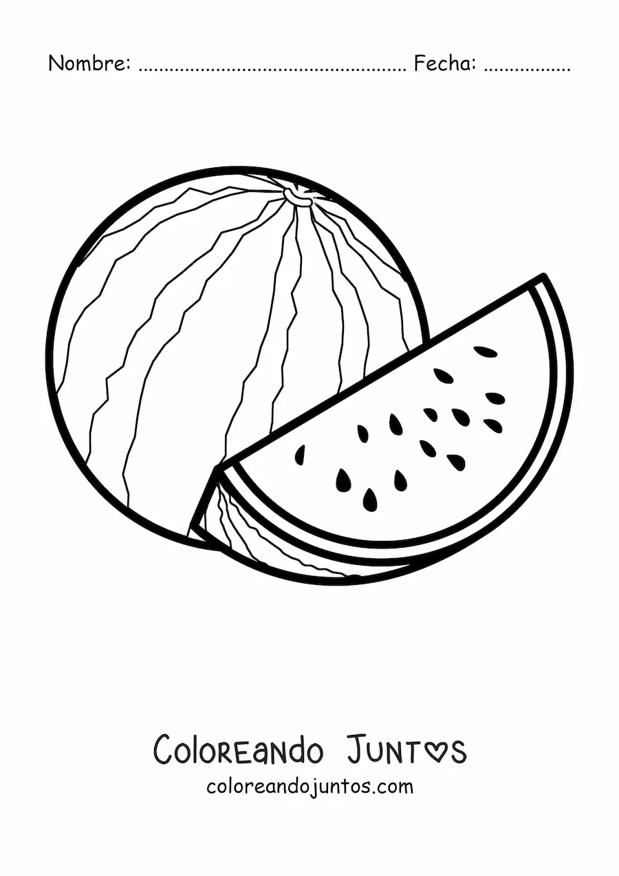 Imagen para colorear de una sandía entera junto a un trozo de sandía