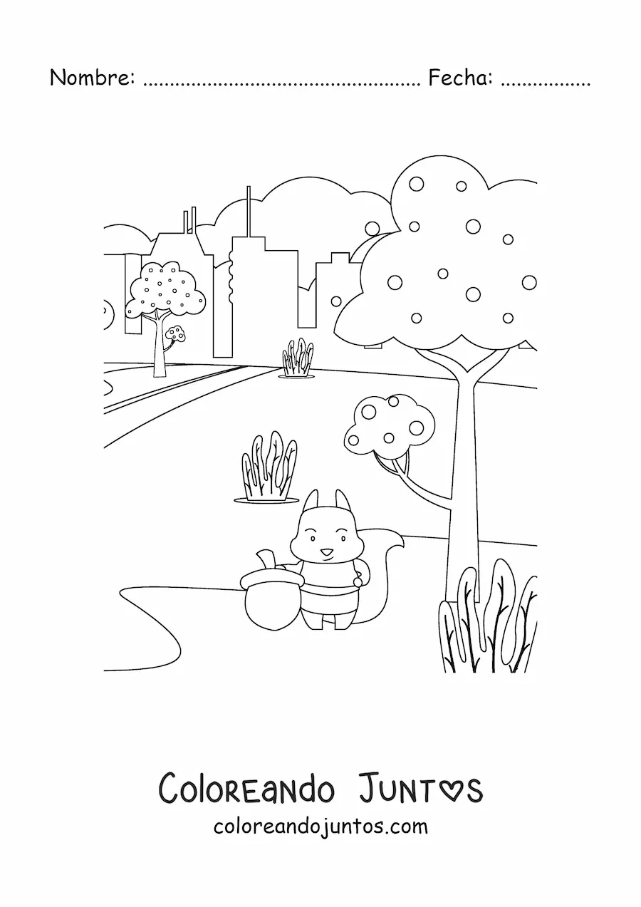Imagen para colorear de una ardilla en un paisaje otoñal