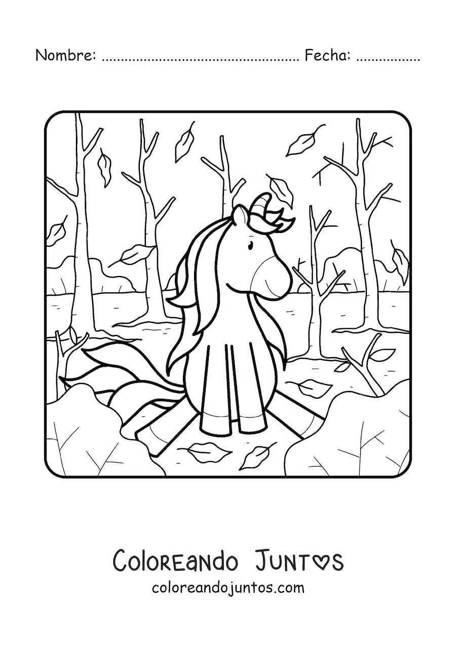 Imagen para colorear de un unicornio animado en otoño
