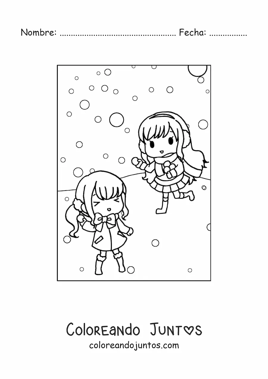 Imagen para colorear de dos niñas kawaii en invierno