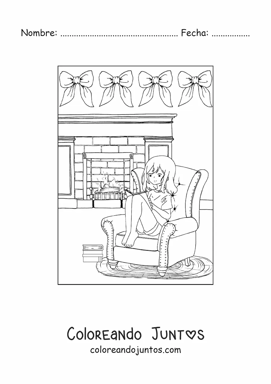 Imagen para colorear de una niña sentada junto a la chimenea en invierno