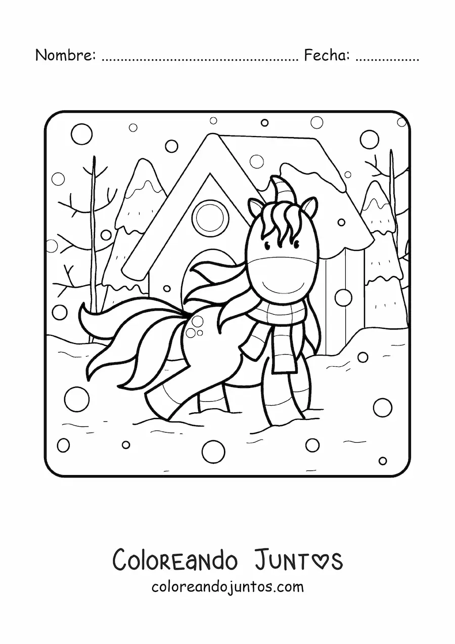 Imagen para colorear de un unicornio de paseo en invierno