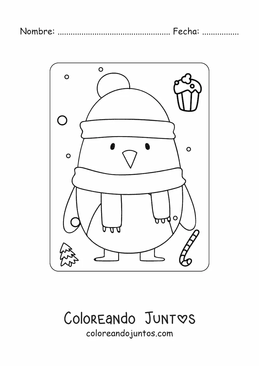 Imagen para colorear de un pingüino kawaii en invierno