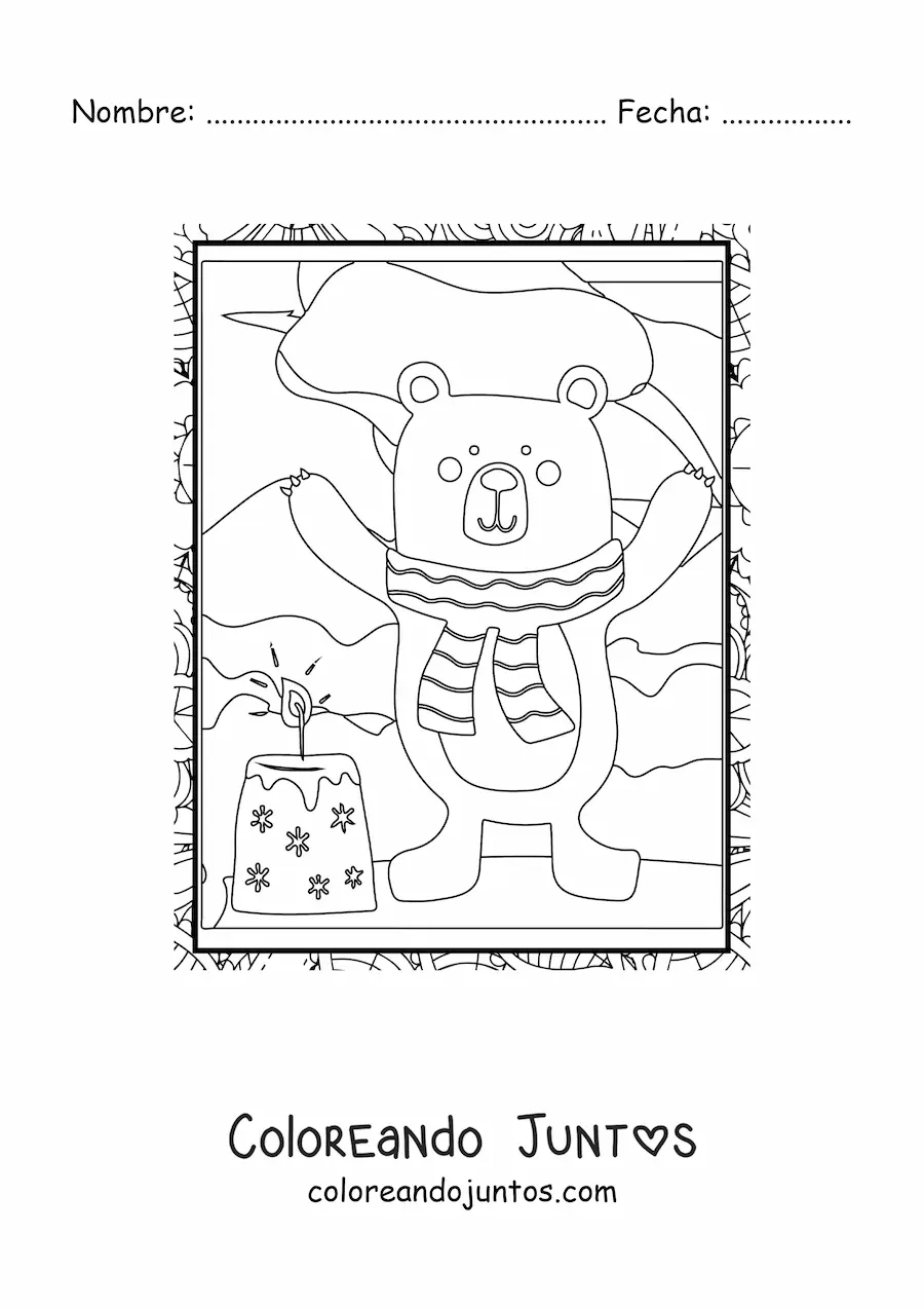 Imagen para colorear de un oso animado en invierno