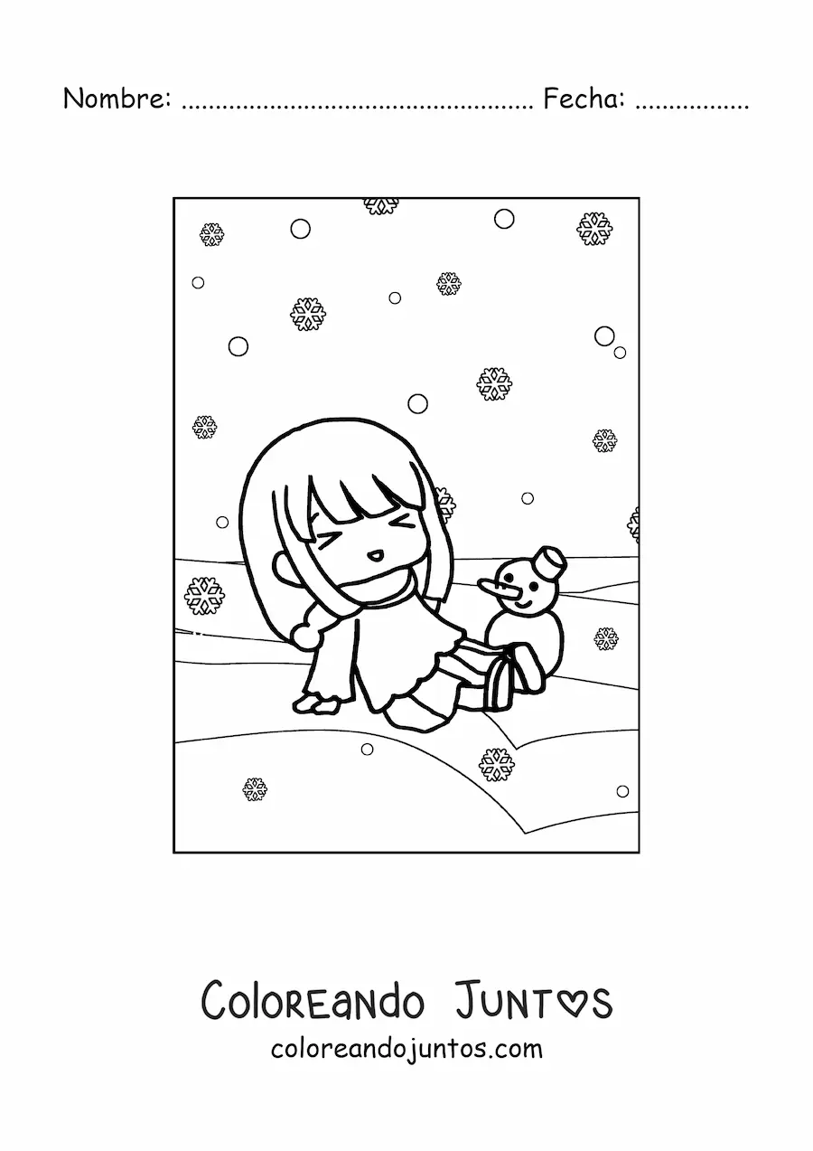 Imagen para colorear de una niña kawaii en una nevada de invierno