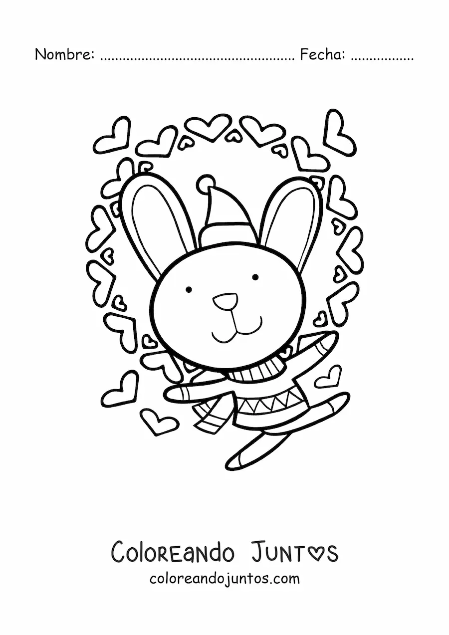 Imagen para colorear de un conejito kawaii con bufanda y gorro de invierno