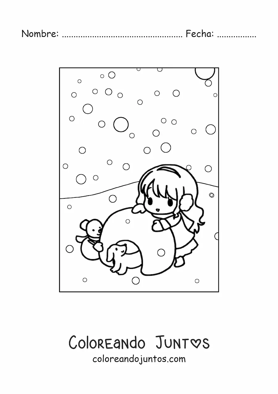 Imagen para colorear de una niña kawaii junto a un iglú