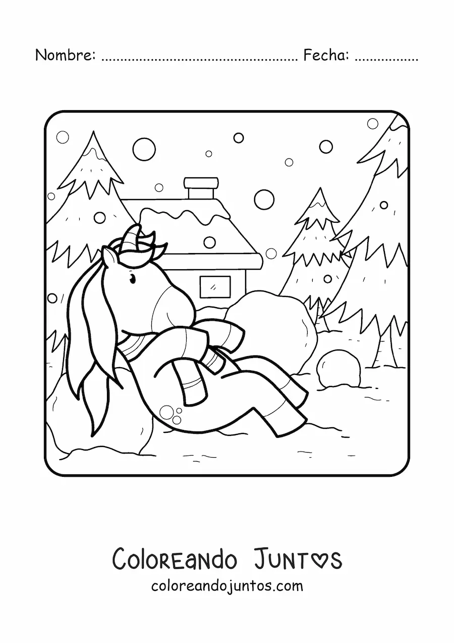 Imagen para colorear de un unicornio animado jugando en la nieve