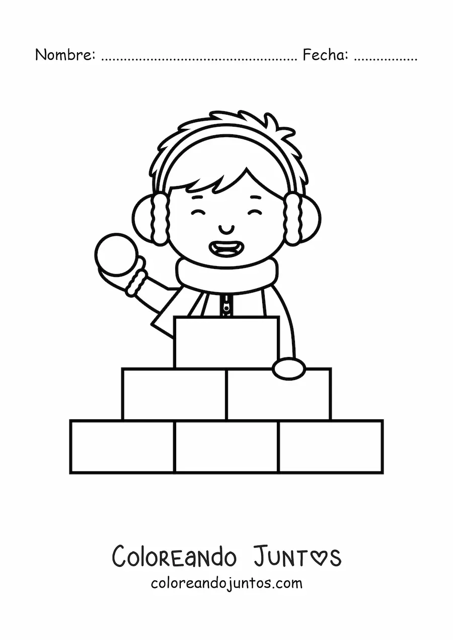 Imagen para colorear de un niño con varios bloques de nieve