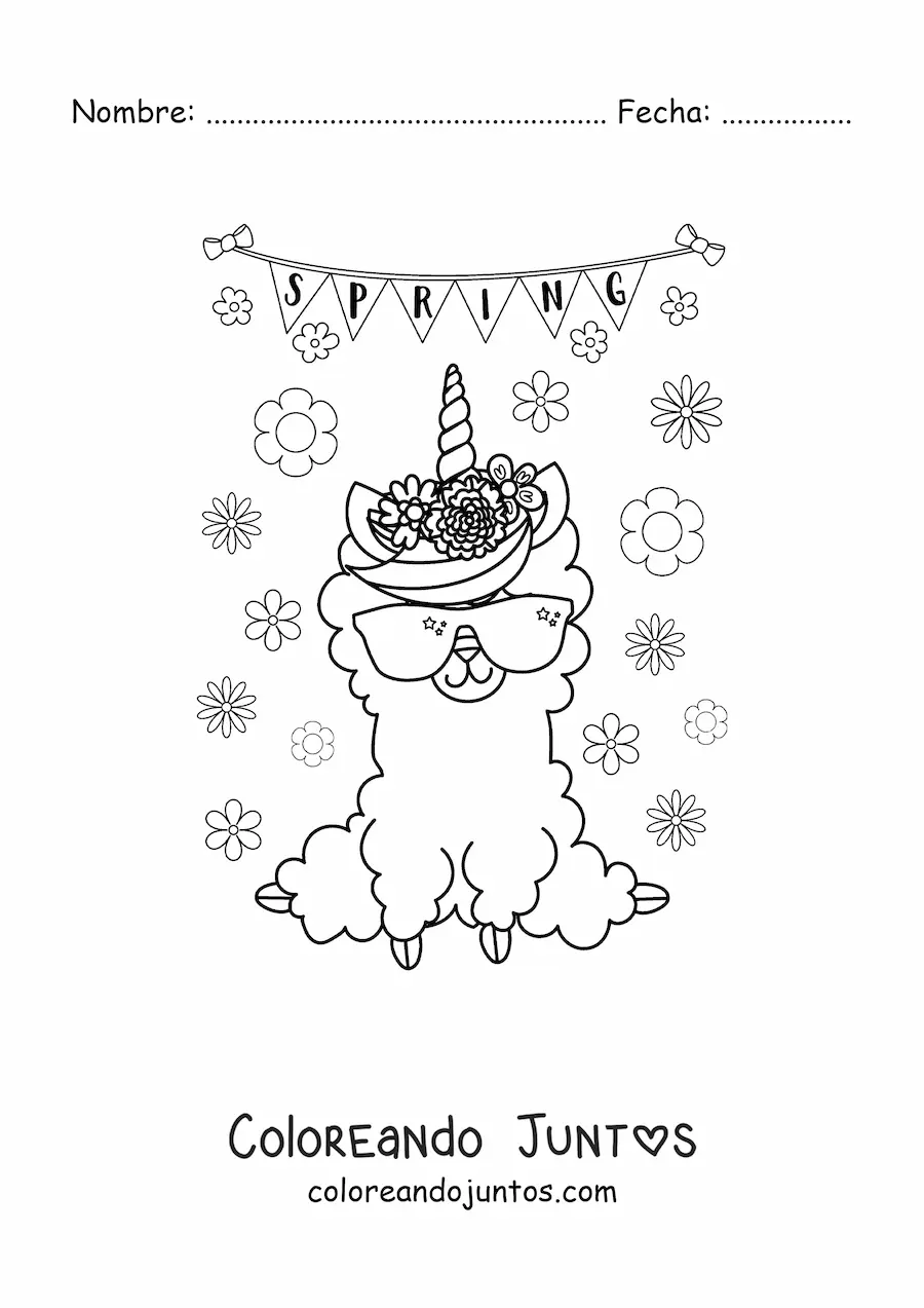 Imagen para colorear de una llama kawaii junto a la palabra spring