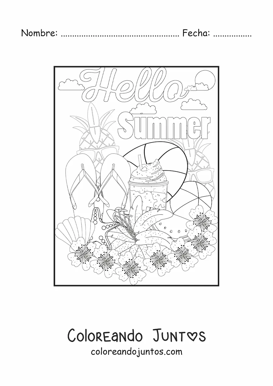 Imagen para colorear de varios elementos del verano y la palabra summer
