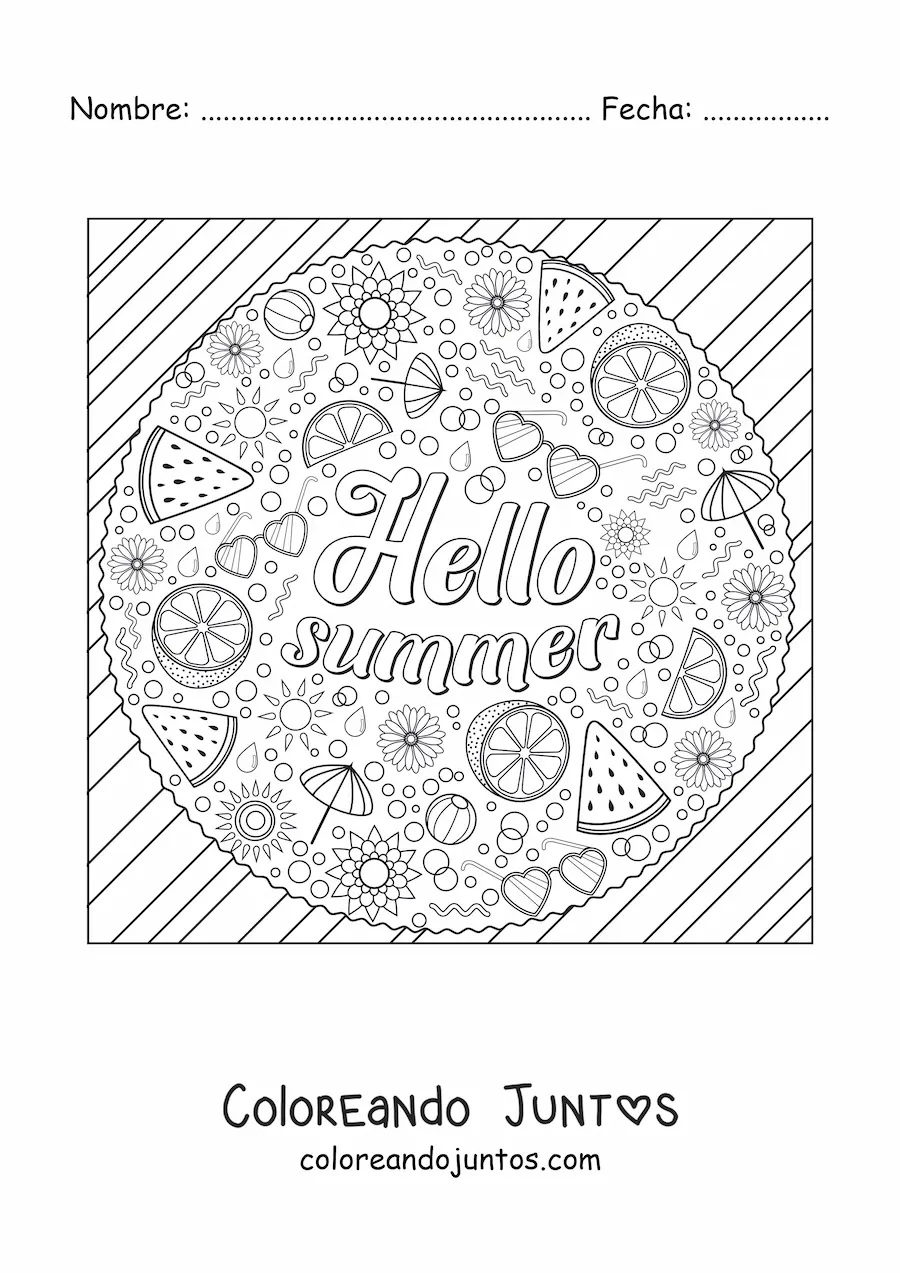 Imagen para colorear de varios elementos del verano junto a la palabra summer