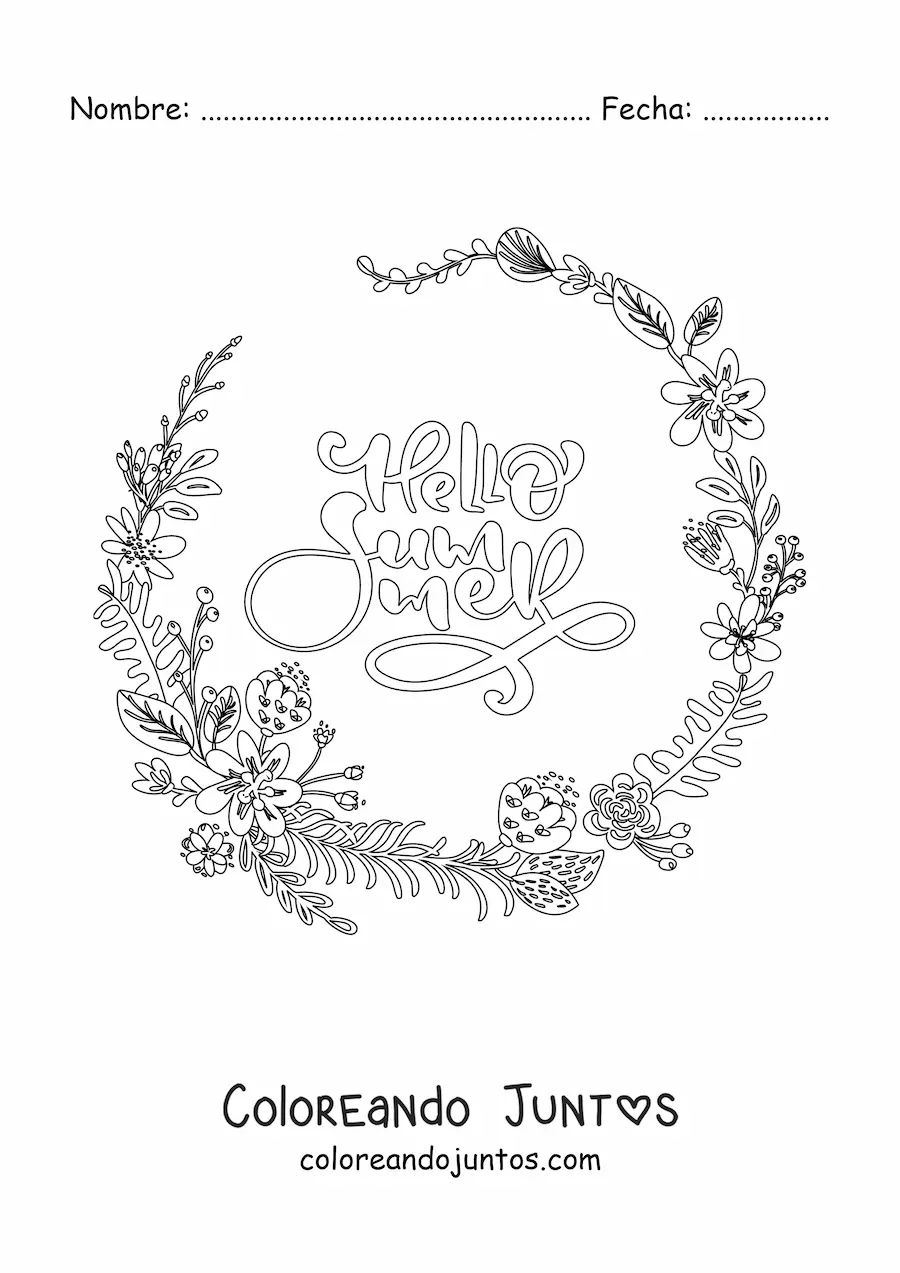 Imagen para colorear de un aro de flores tropicales con la palabra summer