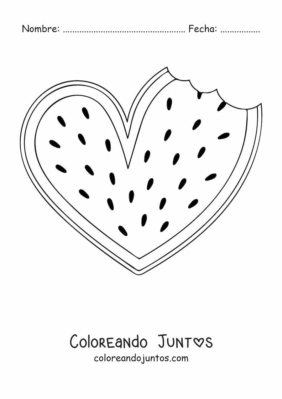 Imagen para colorear de una sandía con forma de corazón mordida a un lado