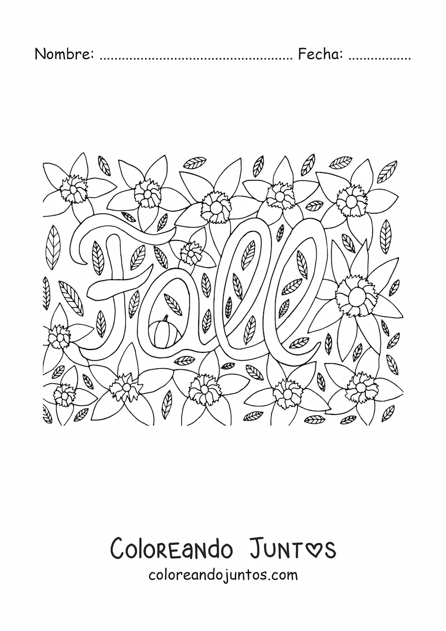 Imagen para colorear de la palabra fall rodeada de flores y hojas