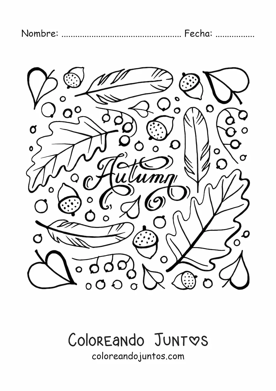 Imagen para colorear de la palabra autumn rodeada de hojas secas
