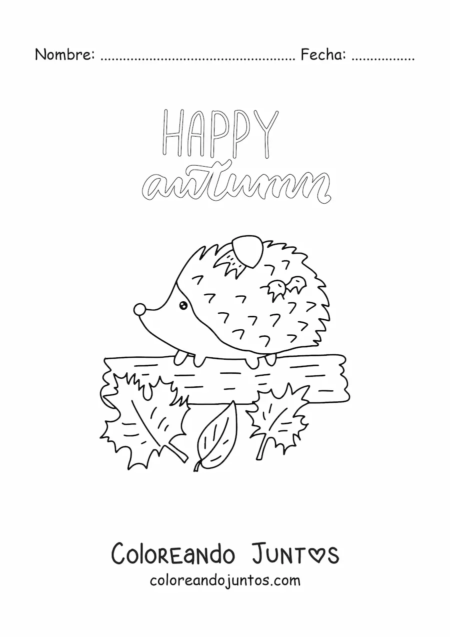 Imagen para colorear de un erizo kawaii y la palabra autumn