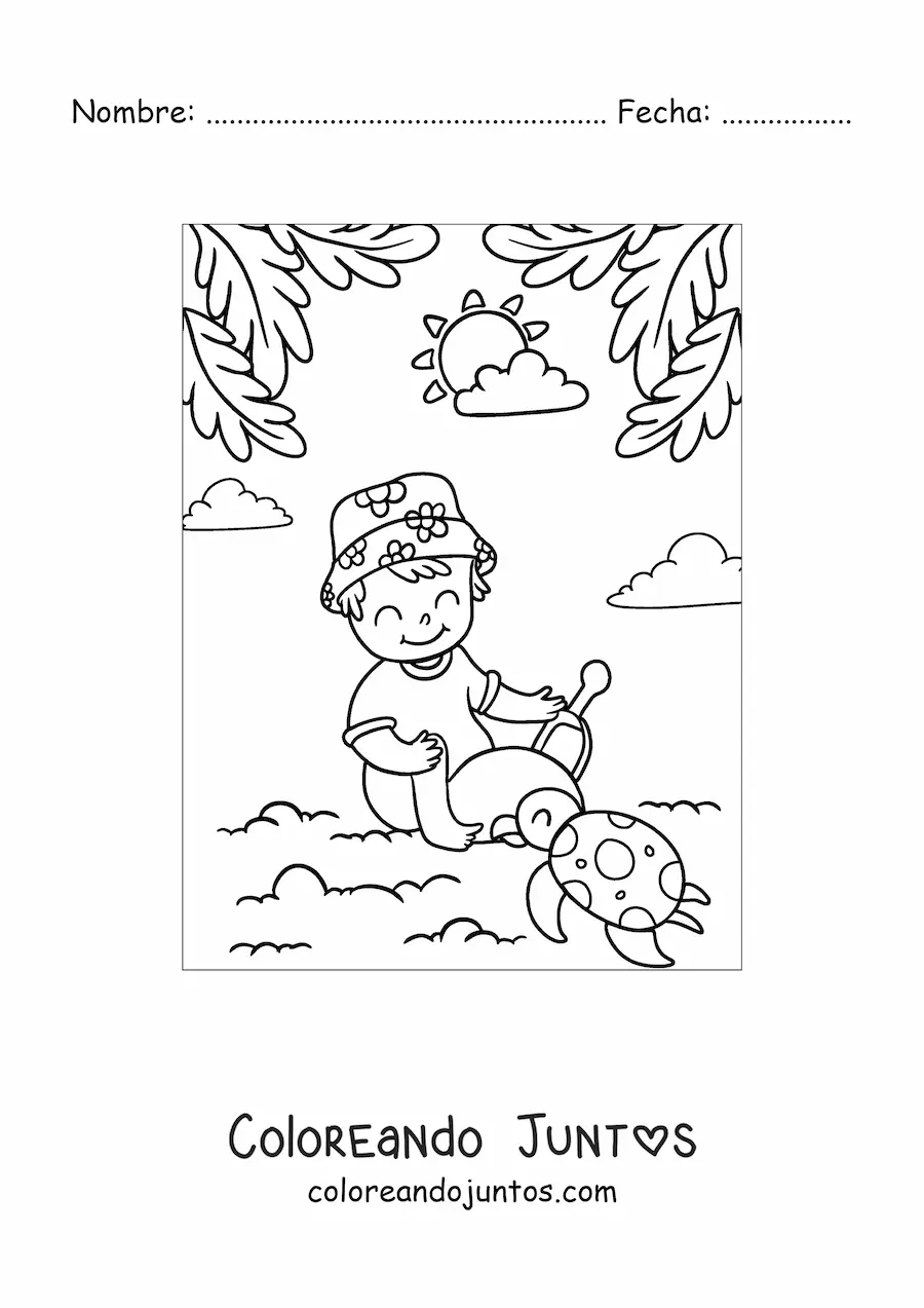 Imagen para colorear de un niño jugando con una tortuga en la playa