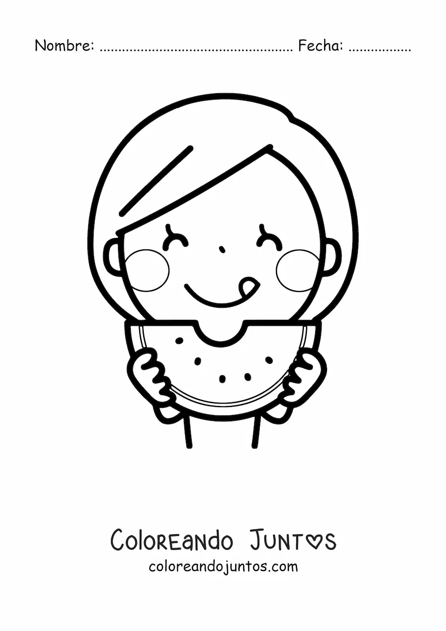 Imagen para colorear de una niña comiendo una sandía con ambas manos