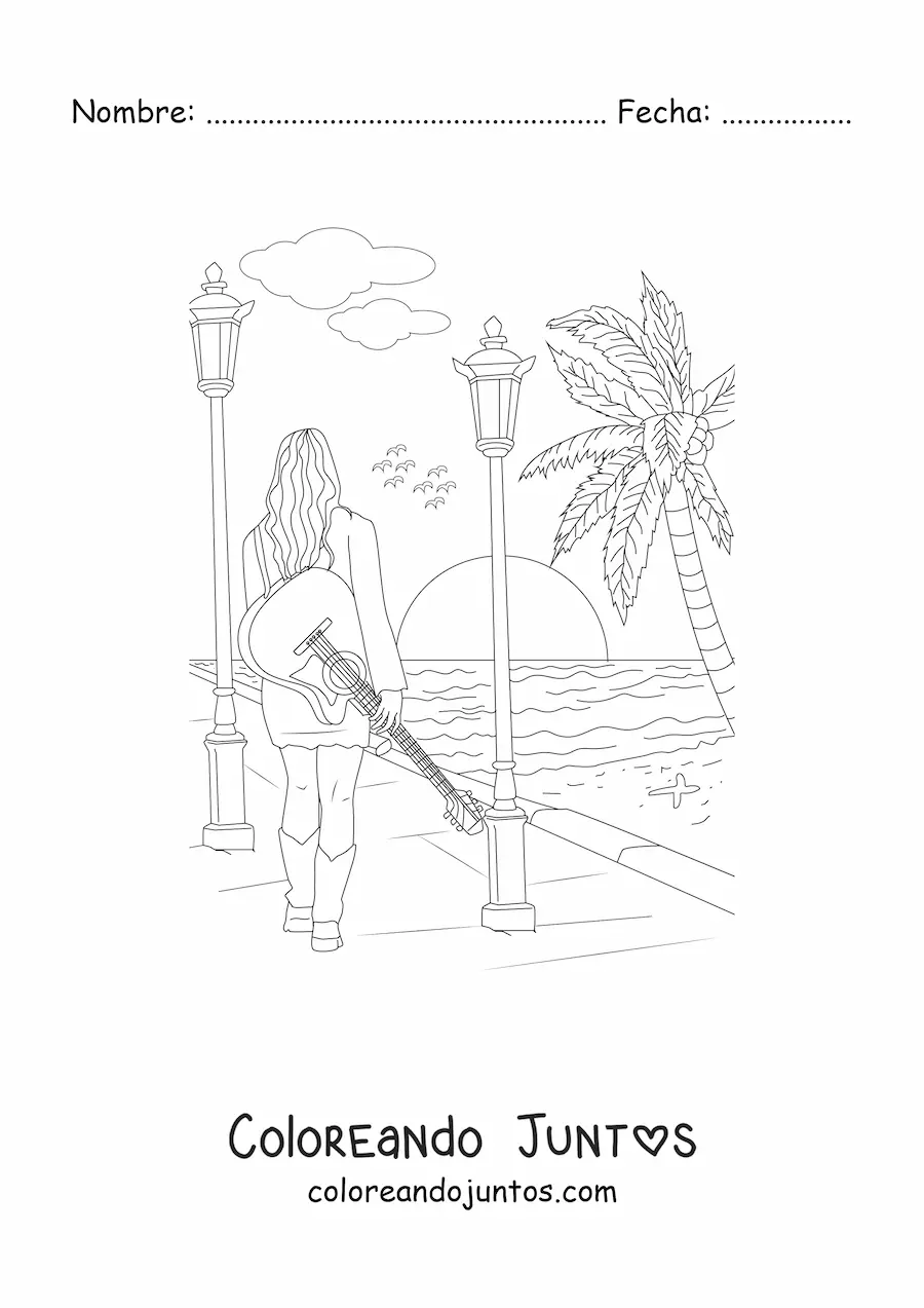 Imagen para colorear de una chica caminando en un  paseo junto a la playa