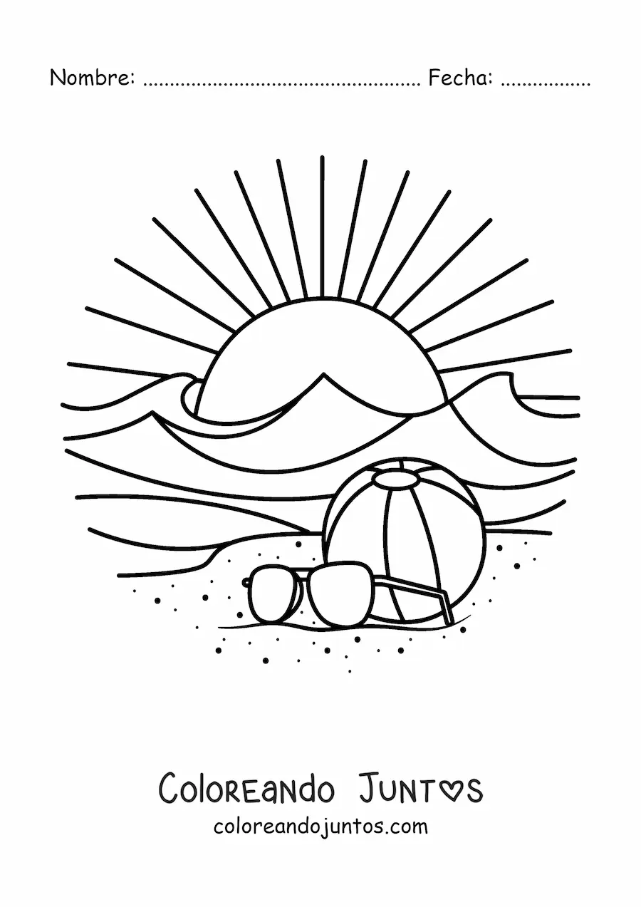 Imagen para colorear de un atardecer en la playa con una pelota en la arena