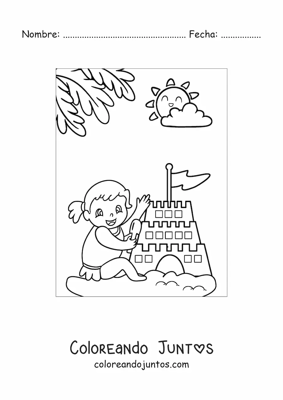 Imagen para colorear de una niña jugando con un castillo de arena